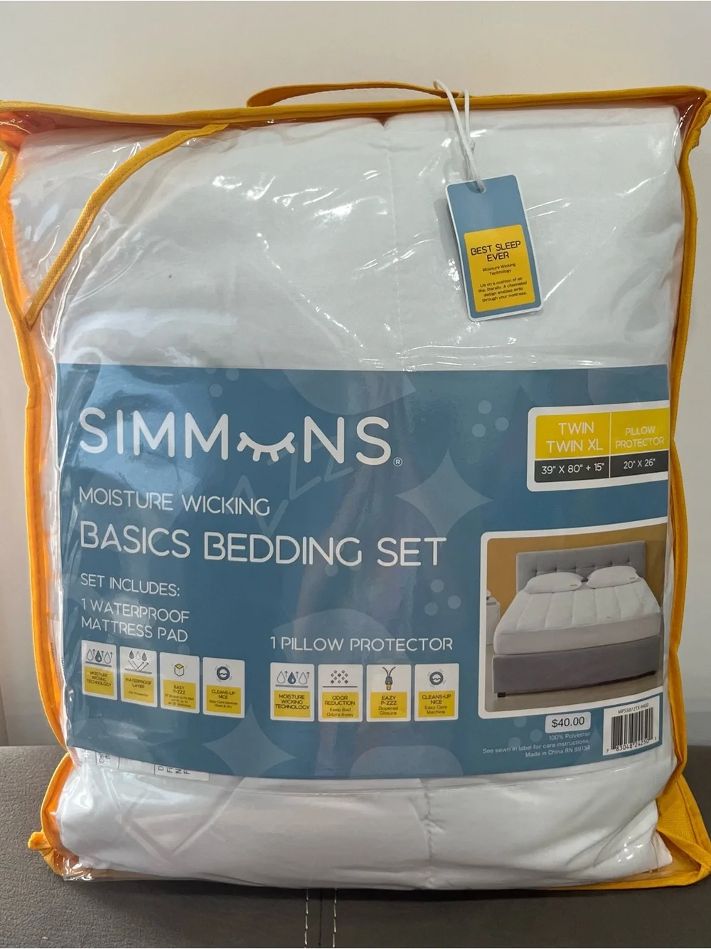 Simmons Twin/Twin XL Waterproof Bedding Set – Mattress Pad + Pillow Protector.